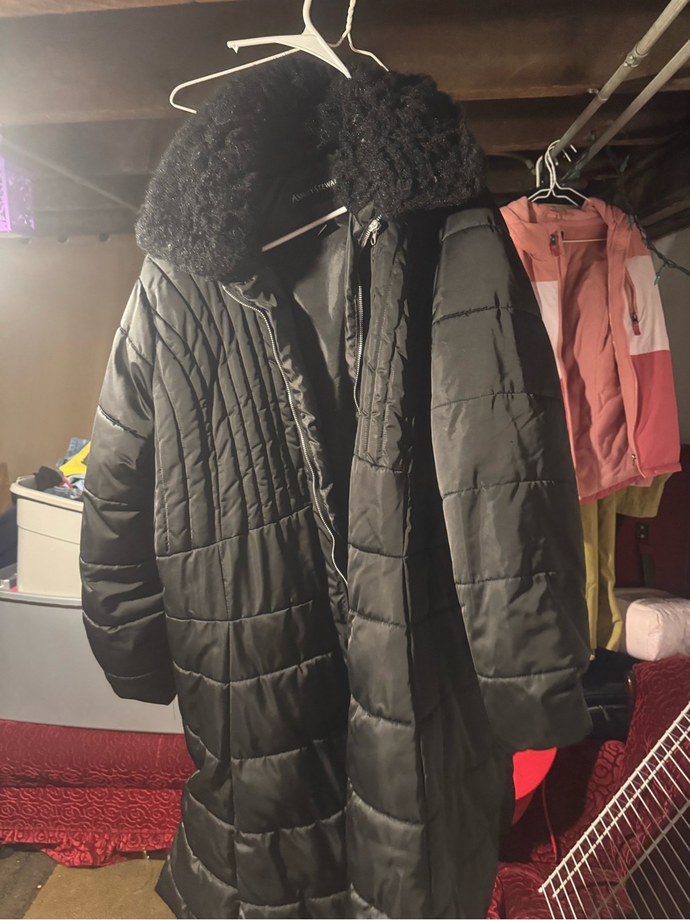 Ashley Stewart Black Quilted Long Puffer with Faux Fur Shawl Collar